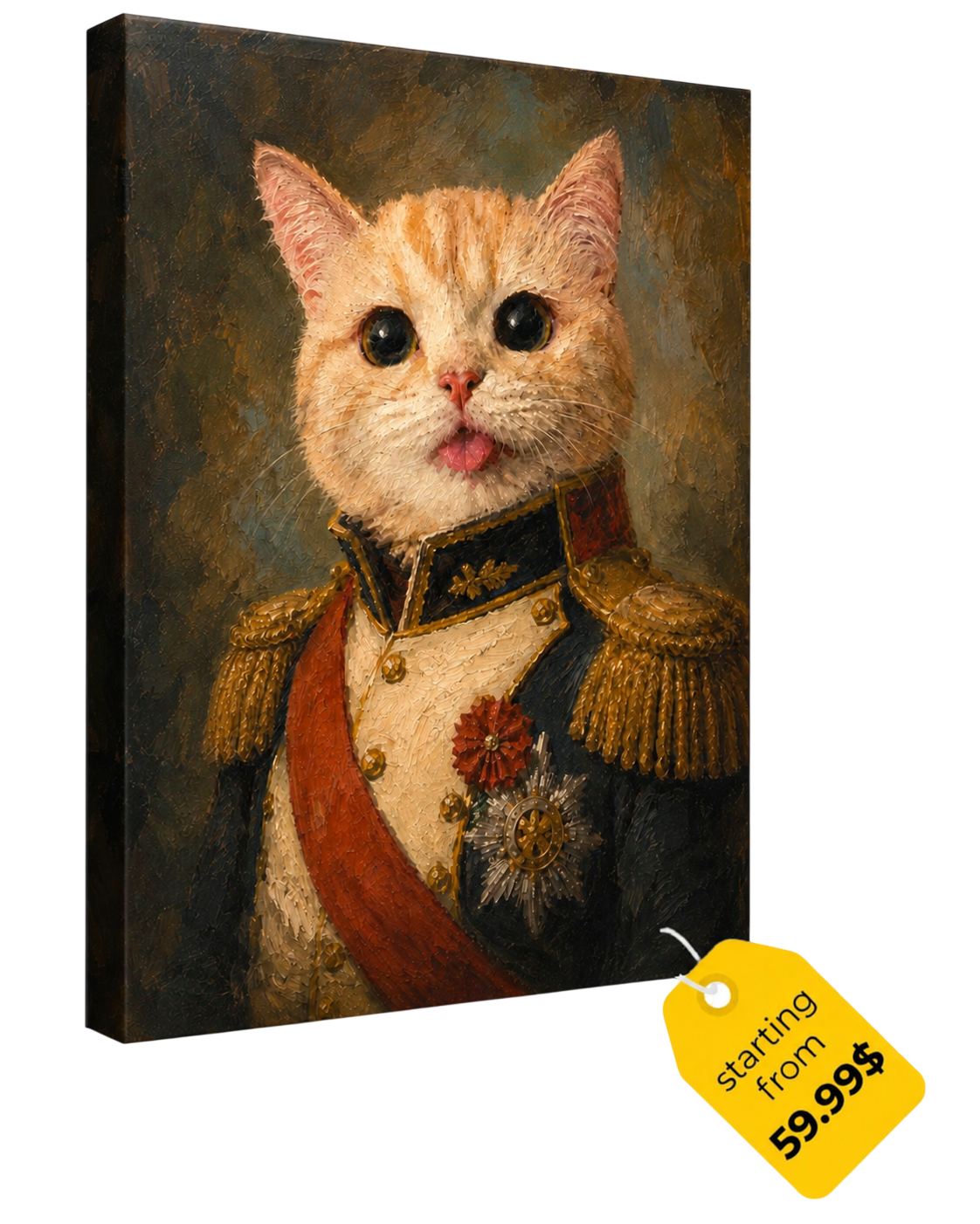 Stretched canvas portrait of the cat with starting price tag