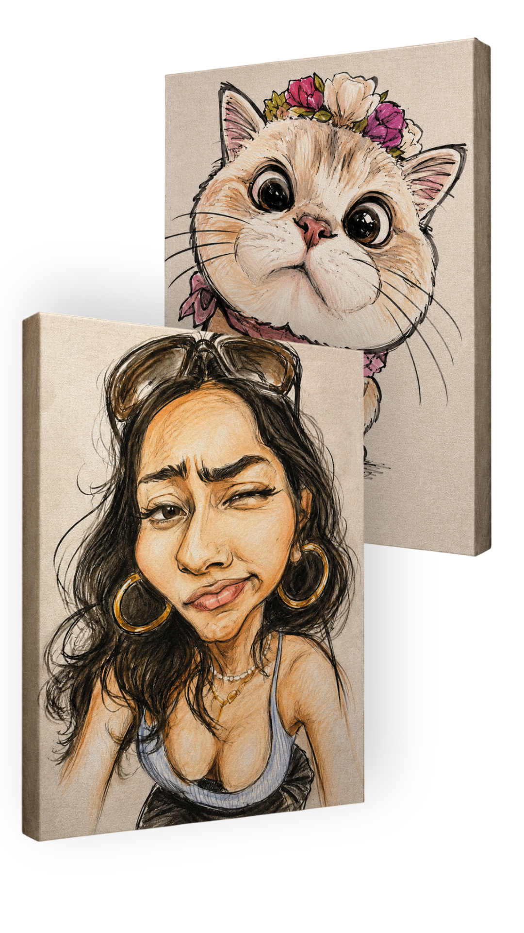 Two finished canvas portraits, one person and one cat