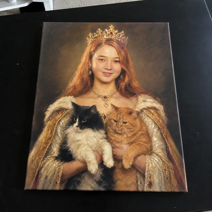 Finished royal canvas portrait of a woman with two cats