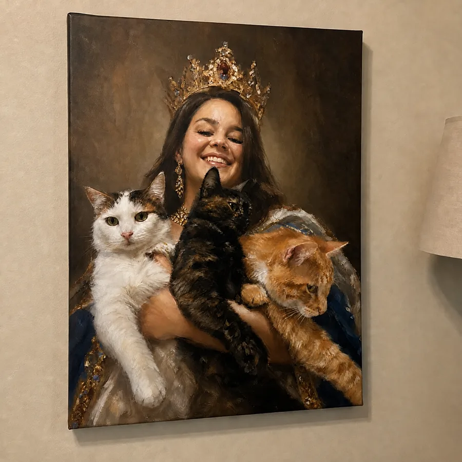 Royal canvas portrait of a smiling woman with three cats displayed at home
