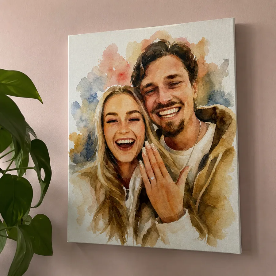 Watercolor couple portrait displayed on a wall
